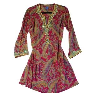 Raj Tunic Womens L Pink Paisley Silk Mini Dress Beaded Sheer Cover Up Festival